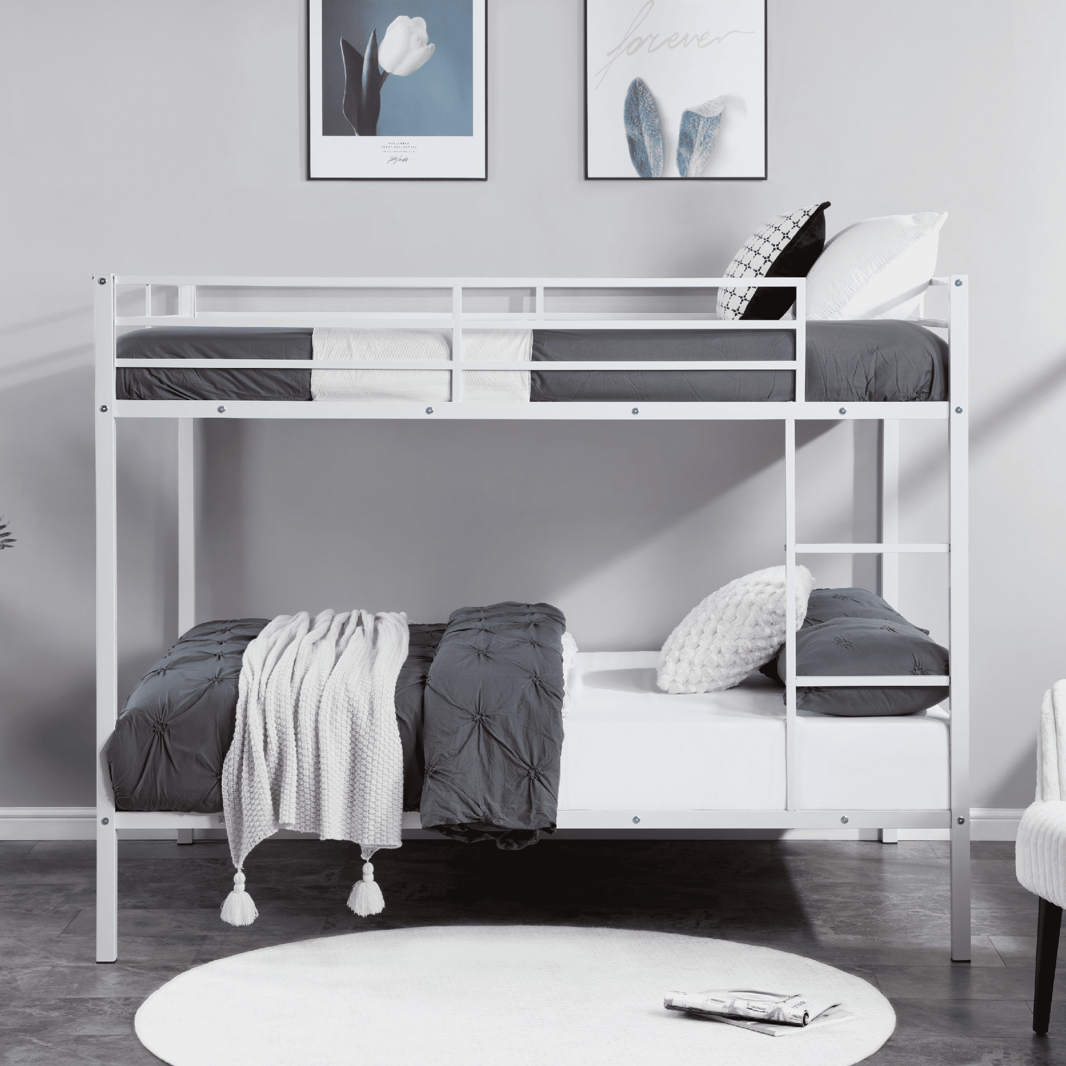 MAYEERTY Full Over Full Bunk Bed, Metal Bunk Bed Frame with Built-in Ladder, for Small Spaces, No Boxspring Required, White