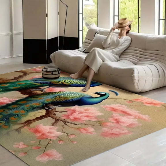 RKSupls 4x3ft Peacocks Pink Flowers Tree Soft Fluffy Velvet Area Rug for Living Room Bedroom, Non-Slip Washable Carpet, Chic Minimalist Home Decor