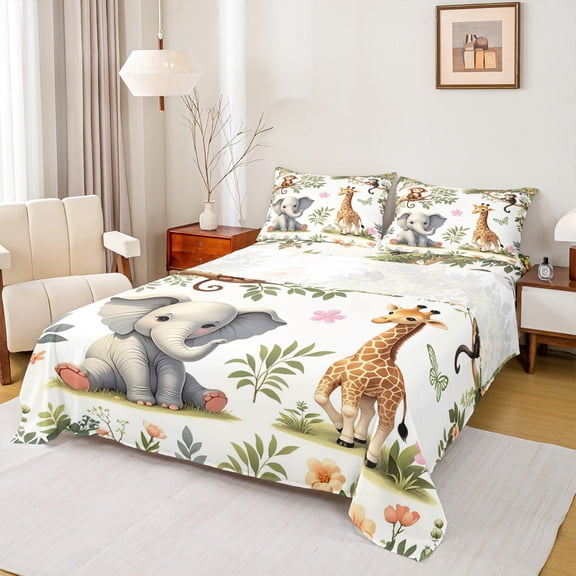 Feelyou Cute Elephant Print Twin Sheet Sets for Kids, Jungle Giraffe Monkey Twin Fitted Sheet, Kawaii Zoo Animal Flat Sheet, Microfiber Bedroom Decor, 3-Piece