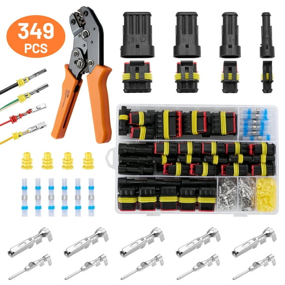 Filluck 349PCS Waterproof Wire Connectors, 24 Sets 1/2/3/4 Pin Car Electrical Terminal Connectors Kit with 22-16 AWG Wire Crimping Tool for Car Truck Motorcycle Boat Marine
