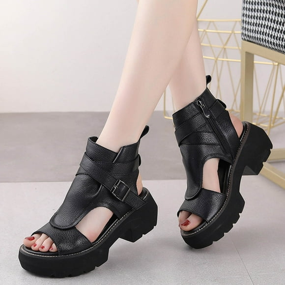 BADHUB Women's High Top Leather Sandals Open Toe Thick Bottom Chunky Heel Retro Height Increasing Boot Sandals for Women Black 40