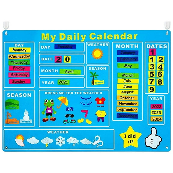 Fyeme My First Daily Calendar Felt-Board for Toddlers 100x70cm Today Calendar Chart Hanging Board for Wall Date Weather Season Month Preschool Educational Early Learning Play Felt-Board Kit