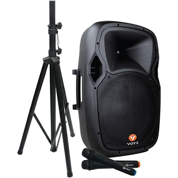 VOYZ 1000W Portable Bluetooth Speaker | 15" Two-Way | USB/SD/MP3 | Tripod Stand | 2 Mics | Perfect for Karaoke