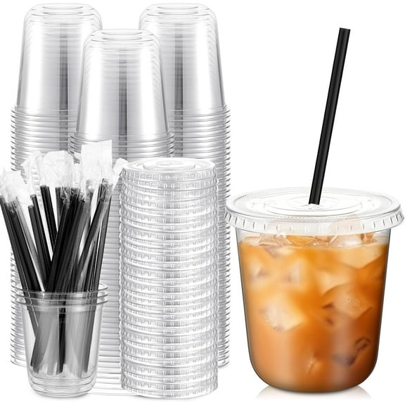 100 Set 12 oz Clear Plastic Cups with Lids and Straws Disposable Iced Coffee PET for Drinking Cold Beverage Juice Parfait Smoothie Milkshake Shops Party Supplies