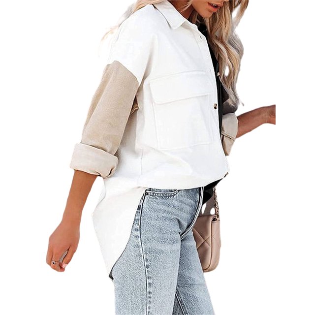 Sonducket Abrigo de mujer Botón de bloque de color Camisa cálida Otoño Invierno Solapa de pana Prendas para la parte del cuerpo Blanco + Negro L