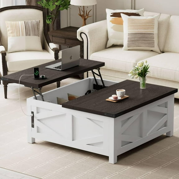 Farmhouse Lift Top Coffee Table with Storage, Wood Square Center Table with Charging Station, Living Room Table with Large Hidden Space, Rustic White