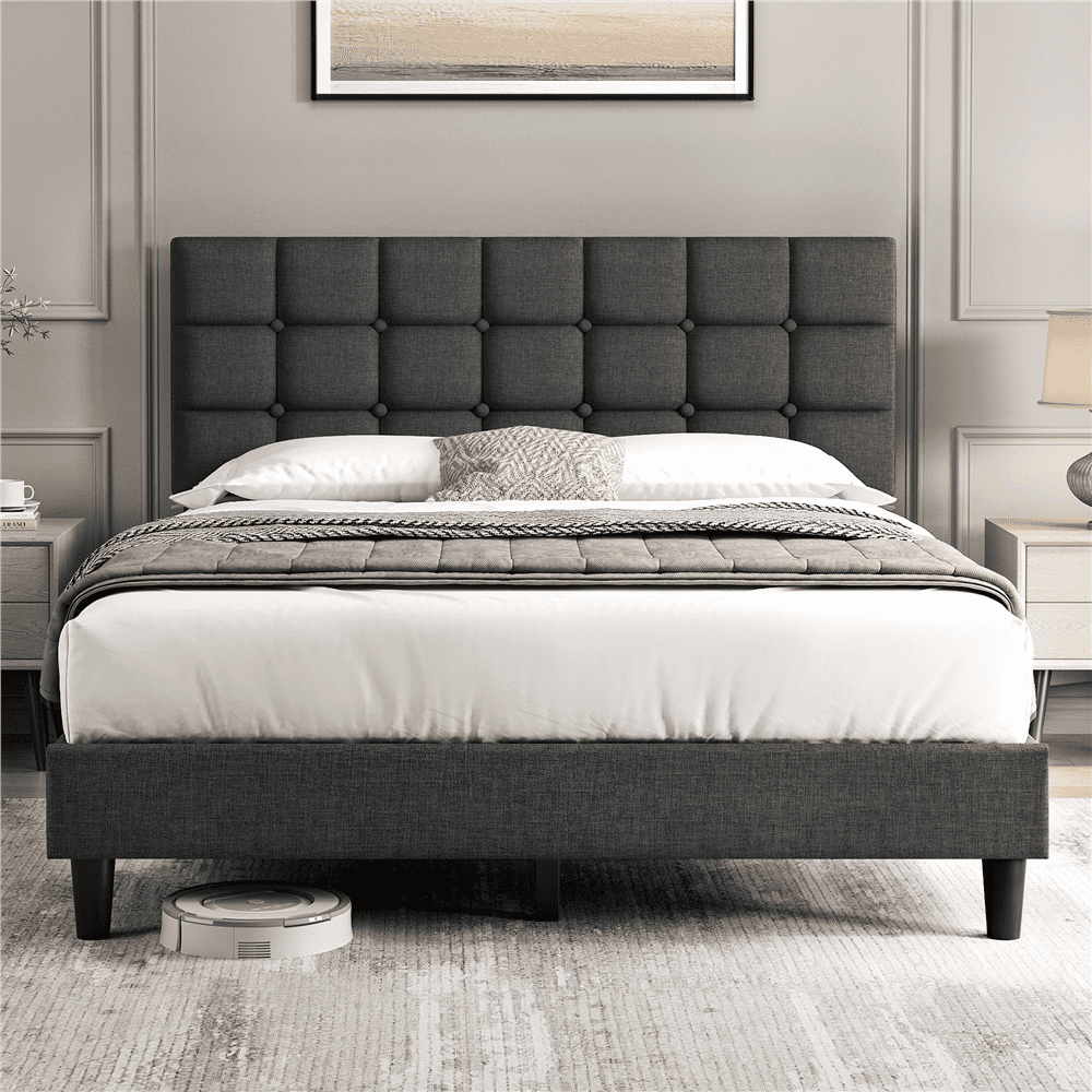 Renwick Upholstered Platform Bed with Square Tufted Headboard, Queen, Dark Gray