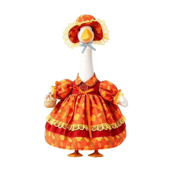 Fall Porch Goose Outfit with Autumn Maple Leaf Dress and Hat, 1 Set, Orange and Red Pattern, for Front Yard Holiday Display, Decorative Goose Clothing Set
