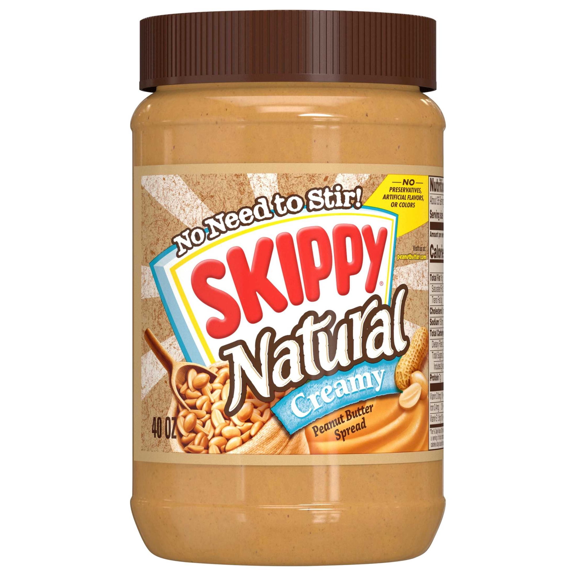 SKIPPY Natural Creamy Peanut Butter Spread, 7 g Protein Per Serving, Shelf-Stable, 40 oz Plastic Jar