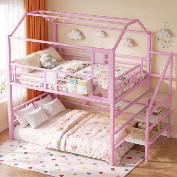 Firscook Full House Bunk Bed and Loft Bed with Storage Stairs, Charging Station and Warm String Lights, Pink