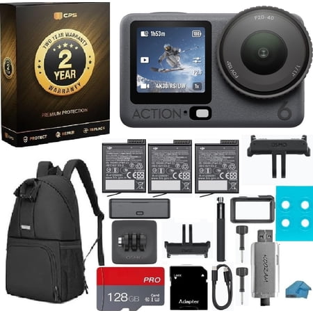 DJI Osmo Action 6 Adventure Combo 8K Waterproof Camera Bundle with 2-Yr Warranty, 128GB MicroSD, USB Reader, Backpack - 1/1.1" Sensor, Variable Aperture, 3X Batteries, 4hr Life, Vlogging