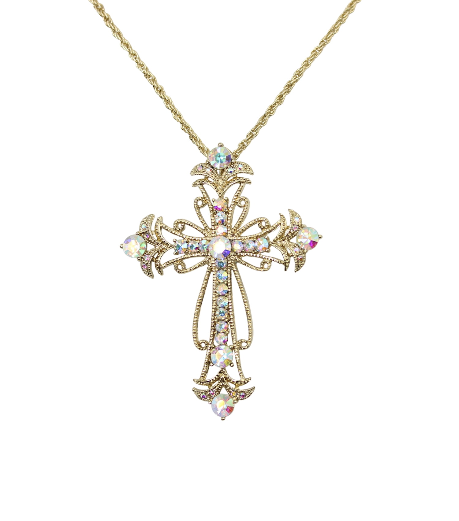 Hip Hop Alloy Cross Pendant Necklace Iced Out Rhinestone Silver Tone Crucifix