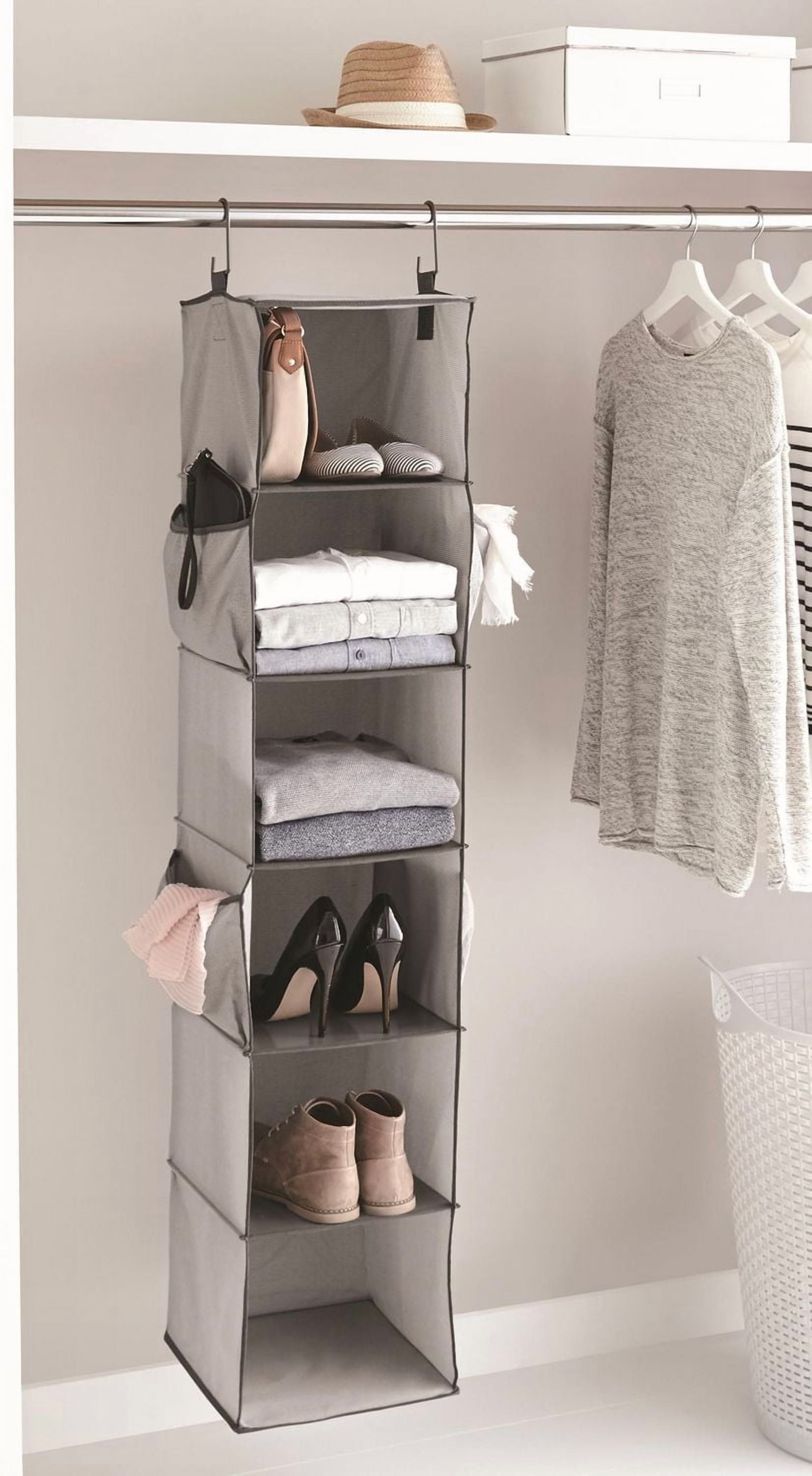 MAINSTAYS Fabric 6-Shelf Closet Organizer, Shelves Hanging Organizer 6 - Layer Collapsible Hanging Closet Organizer with 4 Side Pockets Closet Hanging Shelves ,Gray