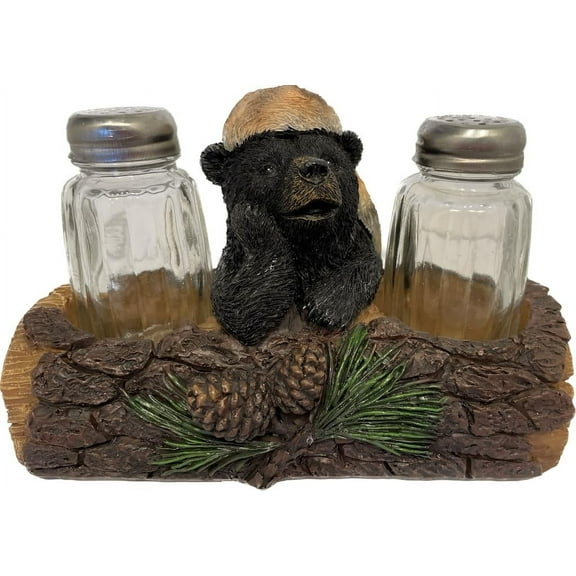 Pine Ridge Black Bear Salt And Pepper Shaker Set - Two Glass Shakers, Bear Holder Caddy For Spices And Seasonings, For Kitchen, Camping, Dining Or Table Décor