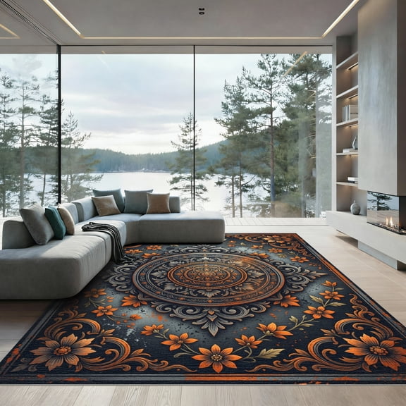 ODIKA 4'x6' Machine Washable Non-Slip Area Rug, Antique Burnt Orange High Traffic Rug, Grey, 1253568