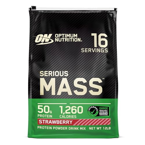 Optimum Nutrition Serious Mass, proteína en polvo para ganar peso, ganador de masa, vitamina C y zinc para apoyo inmunológico, creatina, fresa, 12 libras (el embalaje puede variar)