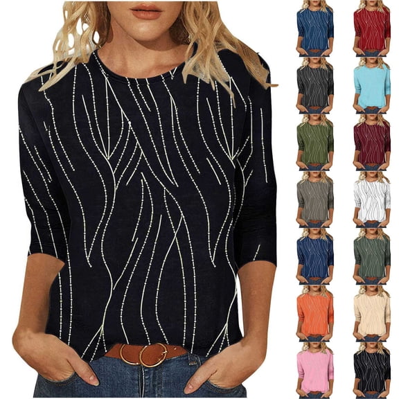 Aboser Women's 3/4 Length Sleeve T Shirts Dressy Casual Round Neck Shirt Trendy Striped Graphic Tees Loose Fit Plain Tshirts Going Out Tops