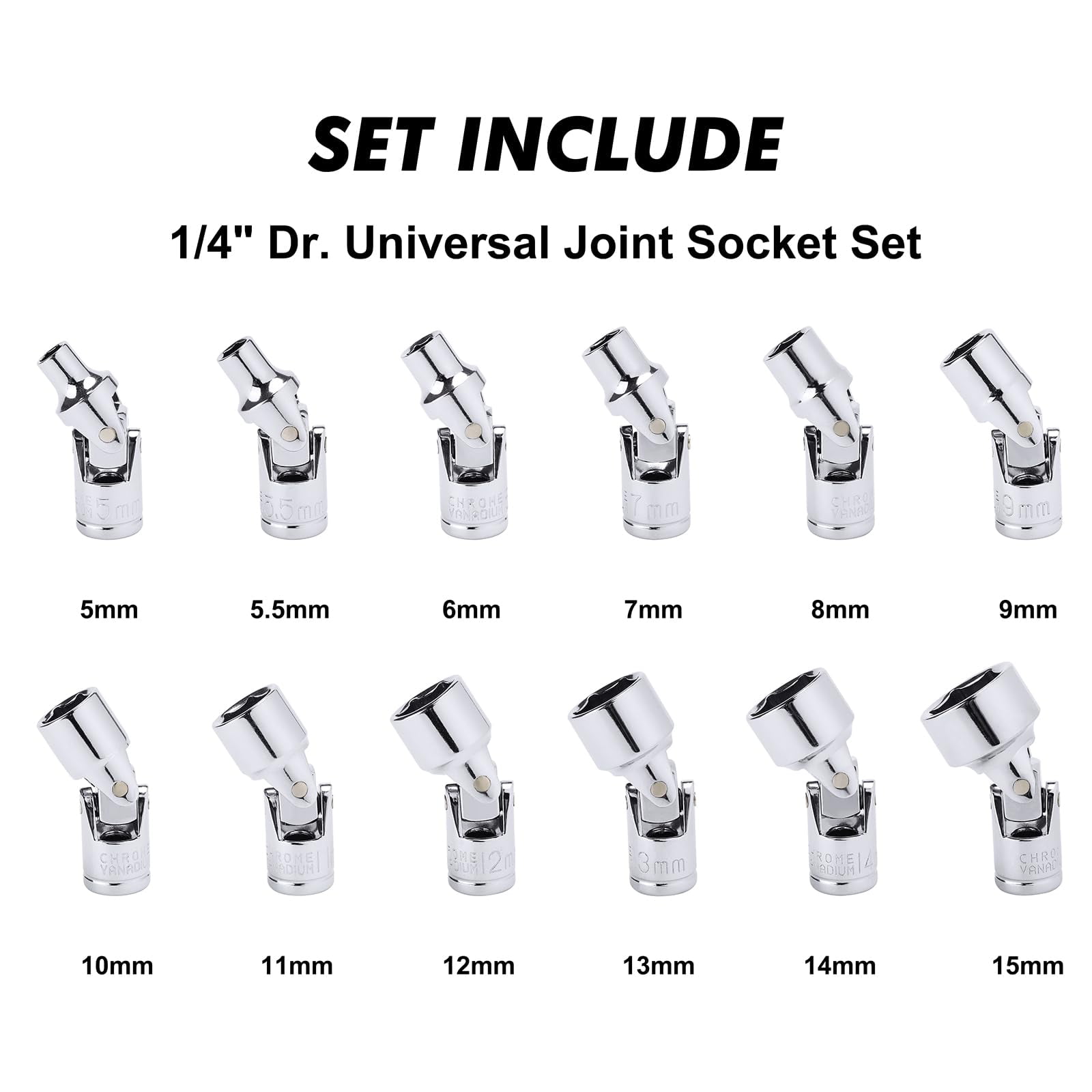 12PCS 1/4" Drive Universal Flex Socket Set, Metric 5-15mm, 6-Point CR-V Steel with 360° Swivel Head
