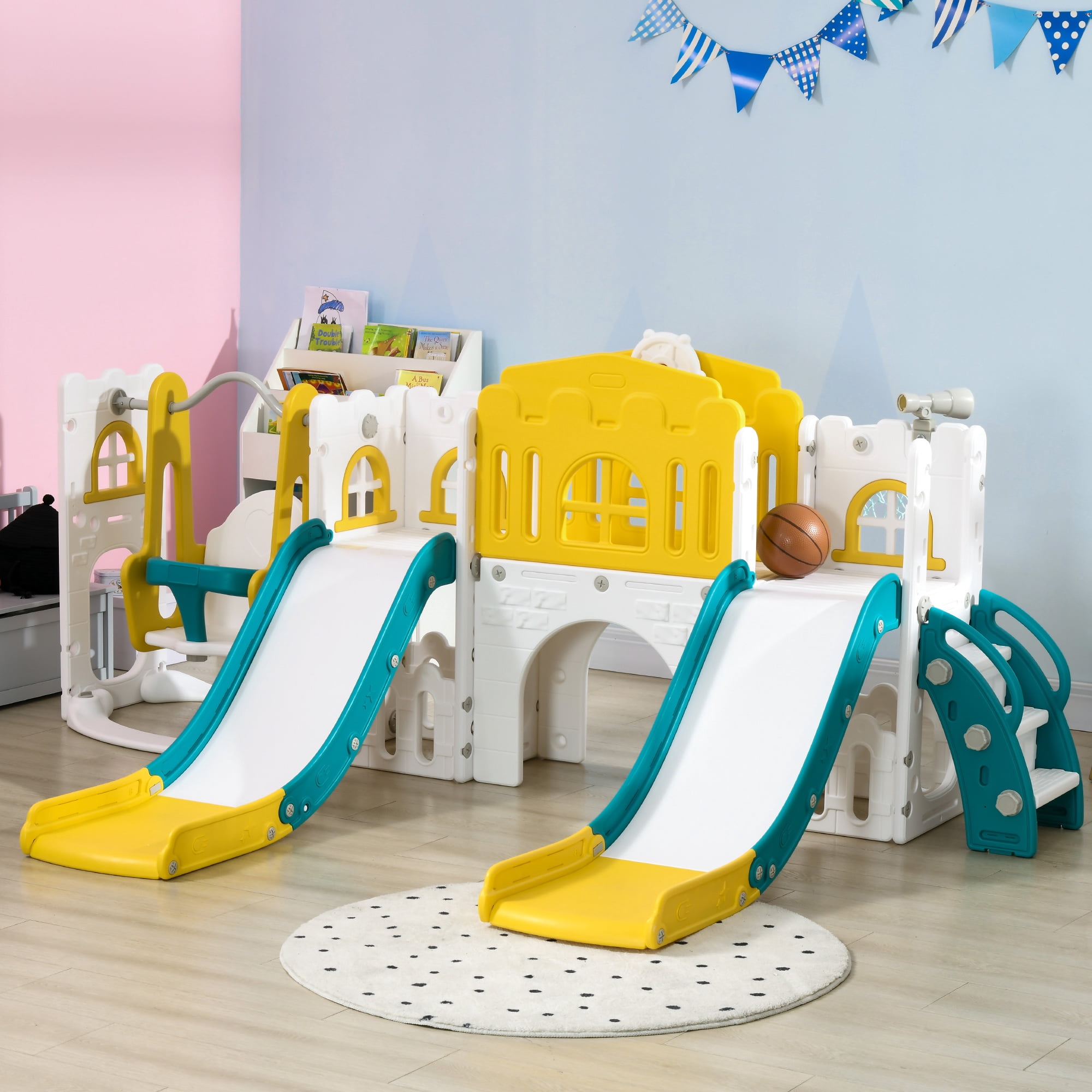 8-in-1 Toddler Swing Slide Playset with Double Slides Crawl Tunnel Basketball Hoop Telescope, HDPE Indoor Kids Playground Max 66 LBS for Ages 1-3 Home Play Center