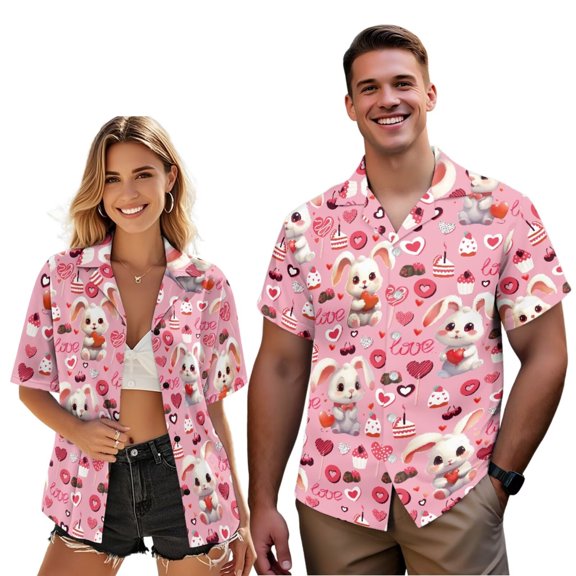 Uorisanigo Bunny Matching Couple Outfits Valentine's Day Husban and Wife Clothing Men's Button Down Soft Summer Shirt and Womens Short Sleeve Shirts Beach Party Blouse Tops Size S