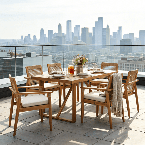 7-Piece Teak Acacia Wood Outdoor Dining Set with 6 Woven Chairs & Cushions Dining Furniture Sets