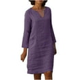 thumbnail image 2 of JNGSA Going Out Dresses for Women,Women Cotton Linen Tshirt Dress Summer Plus Size V-Neck Long Sleeve Knee Length Dresses Loose Fit Midi Dress Purple, 2 of 6