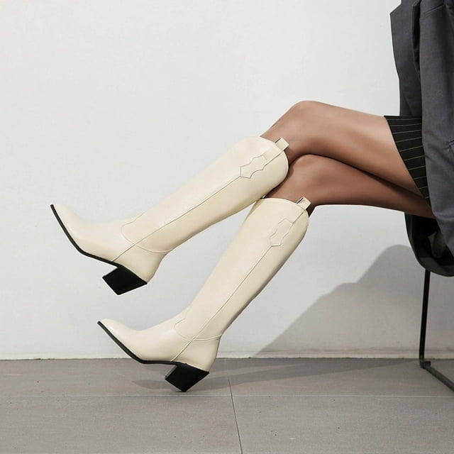Bottes pour Femmes à Talons Épais Chaudes Automne et Hiver Bottes Hautes à Talons Pointus