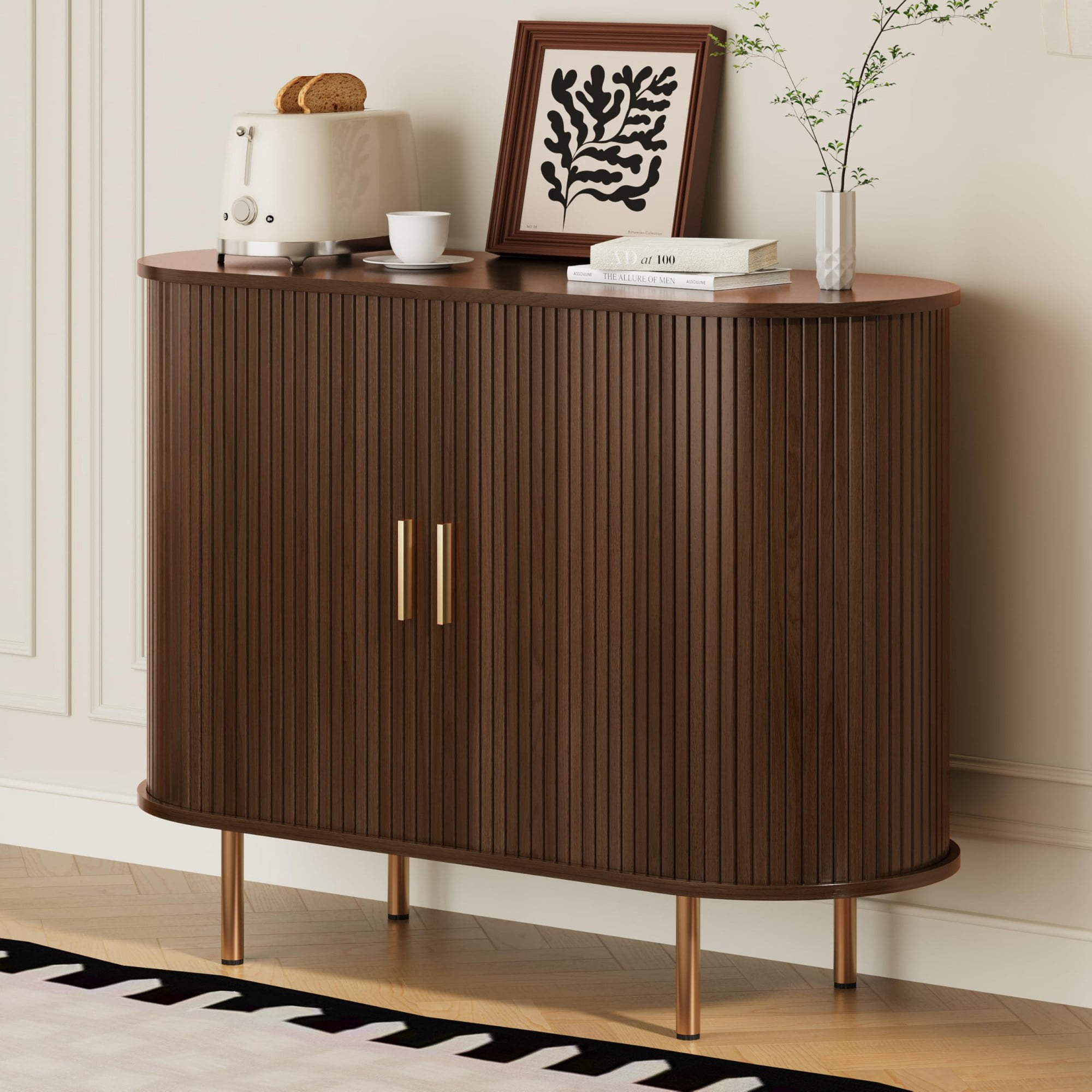 Mid Century Modern Sideboard Buffet Cabinet, 39 Inch Fluted Coffee Bar Console with Tambour Sliding Doors, Walnut