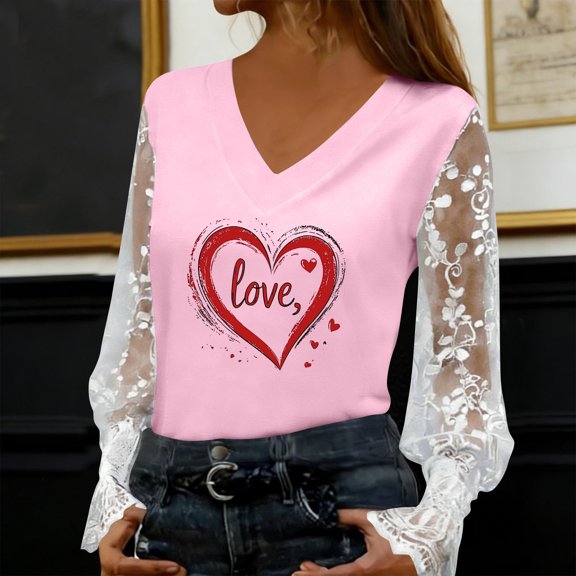 Blmnix Pullover Womens Blouses Dressy Lace Valentine Tshirts V-Neck Long Sleeve Pink Shirts for Women Trendy