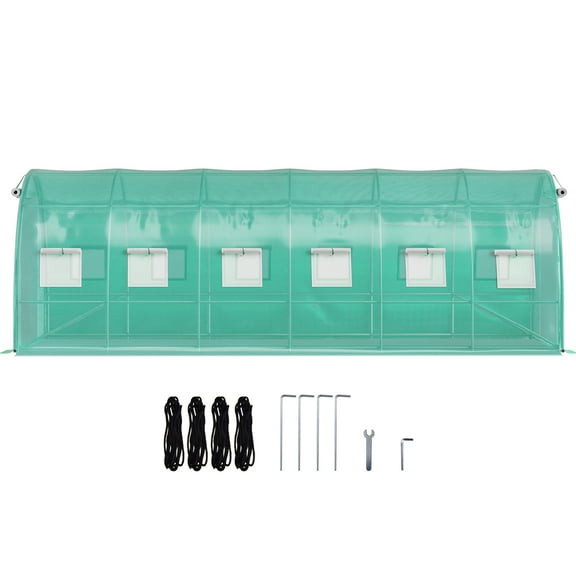 KFFKFF Walk in Greenhouse, 20 x 10 x 7 ft, Movable Plant Warm House with Zinc-Coated Steel Arches, Trio Upper Bars, Dual Zippered Entrances & Dozen Roll-up Panes, Green