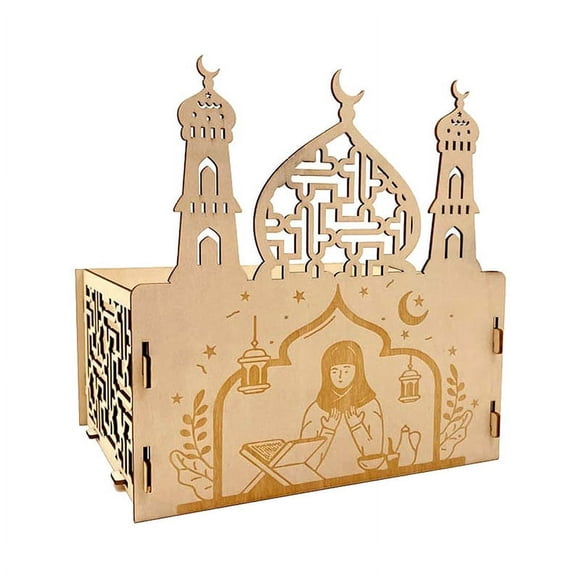 Eid Decoration Islamic Palace Shape Tray Moon Star Wooden Food Dessert Candy Storage Ornaments Party Decor