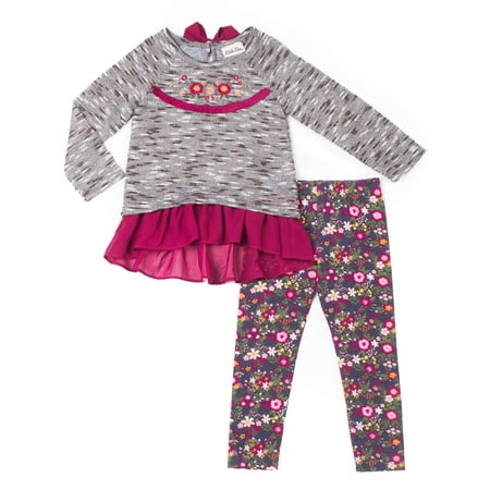 Floral Outfit Girl - Textured Chiffon Layered Sweater & Floral Leggings, 2-Piece Outfit Set (Baby Girls & Toddler Girls)