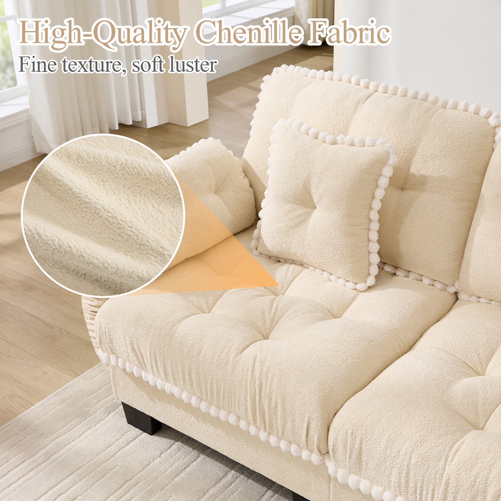 Anpport Modern Aesthetic Cream 3-Seater Chenille Sofa, Quilted Tufted Couch with Pom-Pom Trim, Includes 4 Throw Pillows for Small Space, Apartment, Office & Living Room