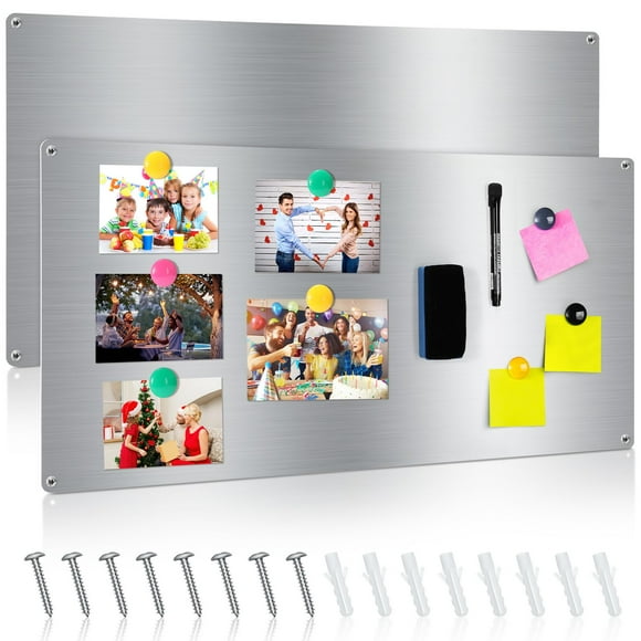 Therwen 2 Pieces 30 x 14 Inches Magnetic Wall Board Wet Erase Stainless Steel Magnet Bulletin Board with Mounting Screws for Home Office School Wall