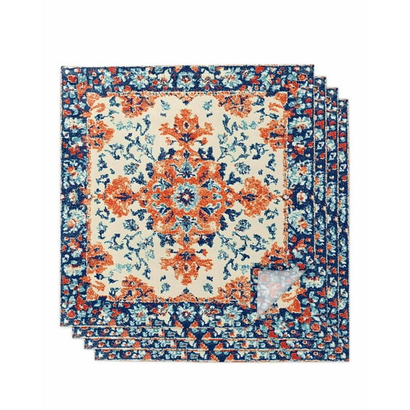 Orange Blue Ethnic Cloth Napkins Washable Set of 4, Boho Vintage Geometric Art Reusable Dinner Table Napkins Cloth Bulk for Weddings Kitchen Restaurants Hotel Events Parties 20 x 20 Inch