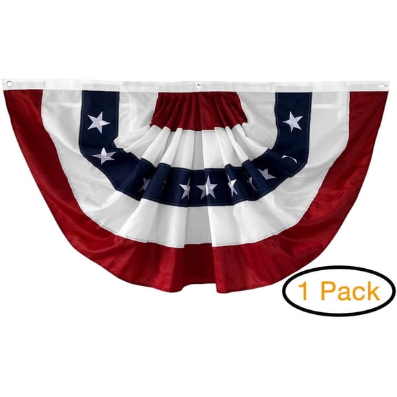 58"x27" USA Patriotic Nylon Bunting Pleated Flag, 2 Sided, Embroidered Stars, Sewn Stripes, Grommets- July 4th American Flag Decor Outdoor Use- Americana Inside Outside Porch Rail or Window Decoration