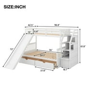 Euroco Wood Twin over Full Bunk Bed with 2 Drawers and Slide, Storage Staircase for Bedroom, White