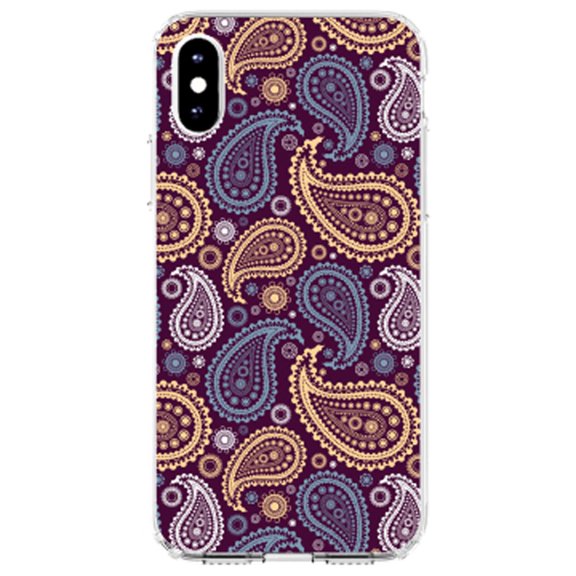 DistinctInk Clear Shockproof Hybrid Case for iPhone XS Max (6.5" Screen) - TPU Bumper, Acrylic Back, Tempered Glass Screen Protector - Purple Yellow Blue Paisley