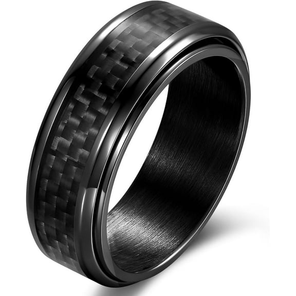8mm Spinner Black/Blue/Silver Carbon Fiber Ring Black Spinner Anxiety Fidget Carbon Fiber Ring Wedding Band Stainless Steel Polished Finish Comfort Fit