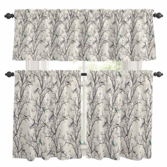 Natural Trees Kitchen Curtains Sets for Windows 36 Inch Length, Colored Birds on Branches Retro Rustic Rod Pocket Window Treatments Tier Curtains and Valances Set for Bedroom/Bathroom