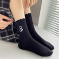 thumbnail image 6 of Tao Tao Women's Ruffle Frilly Rib Knit Crew Socks Floral Embroidery Scalloped Pointelle Casual Ankle Socks Black Free Size, 6 of 7