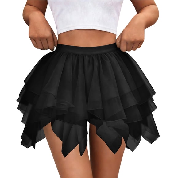 Elvqul Womens Skirts Summer Elastic Waisted Mini Skirt Tiered Plain Black Short Skirt for Women Pleated