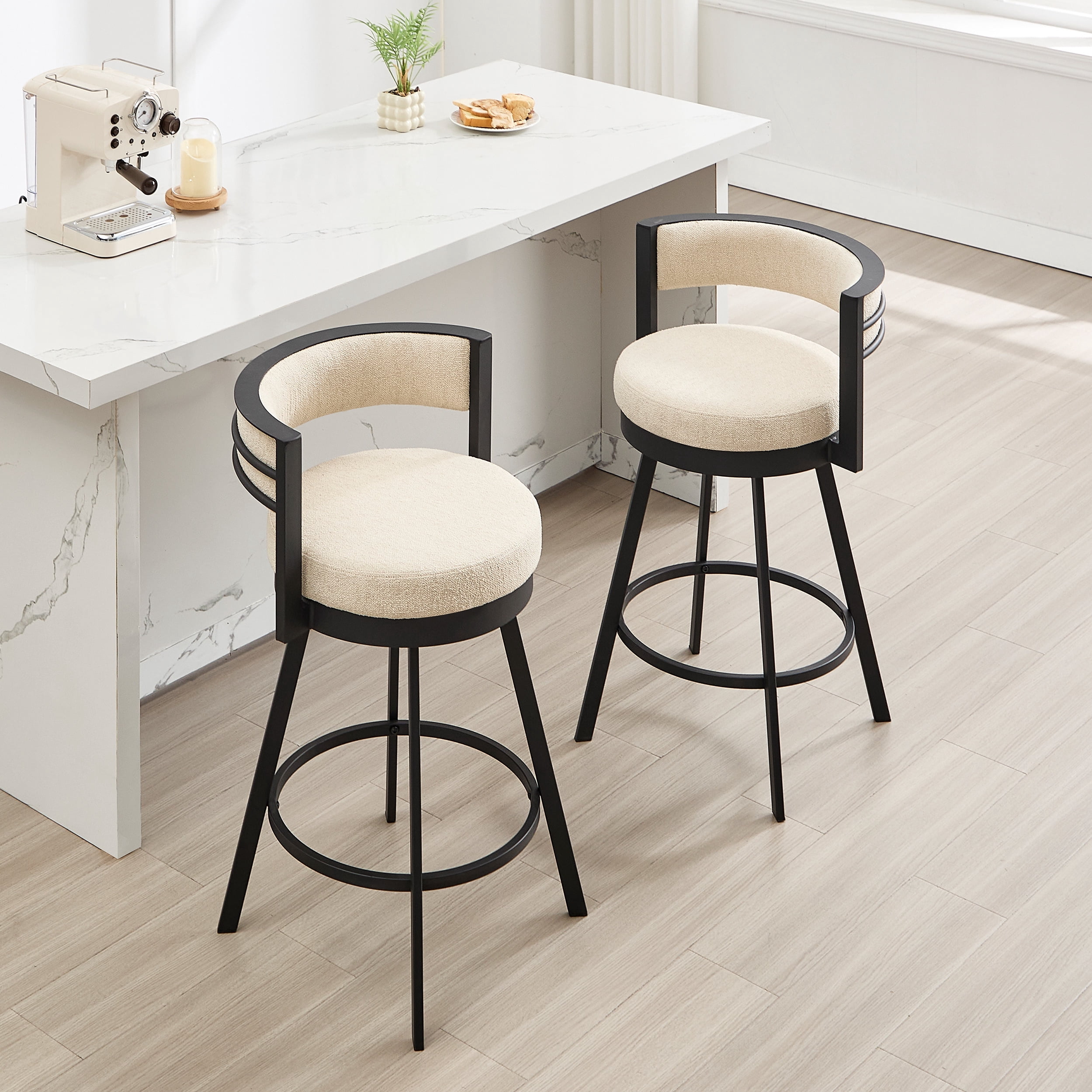 Zesthouse 26.6″ Swivel Bar Stools Set of 2, Linen Upholstered Counter Stools with Barrel Back and Metal Legs, Modern Counter Height Barstools for Kitchen Island, Beige