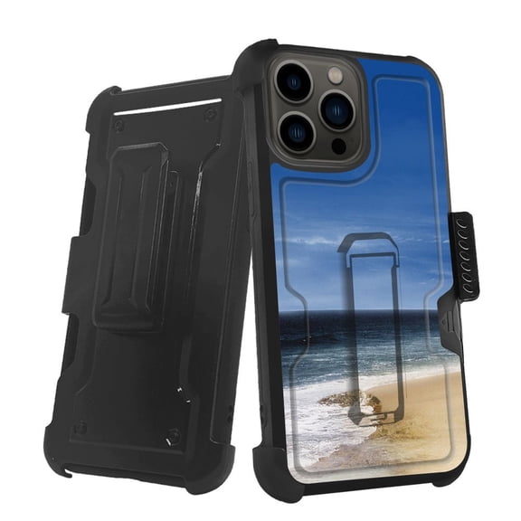 ANJ  Rugged Shockproof Holster Case w/Card Slot, Kickstand   Tempered Glass for iPhone 13 Pro (6.1") - Ocean Horizon