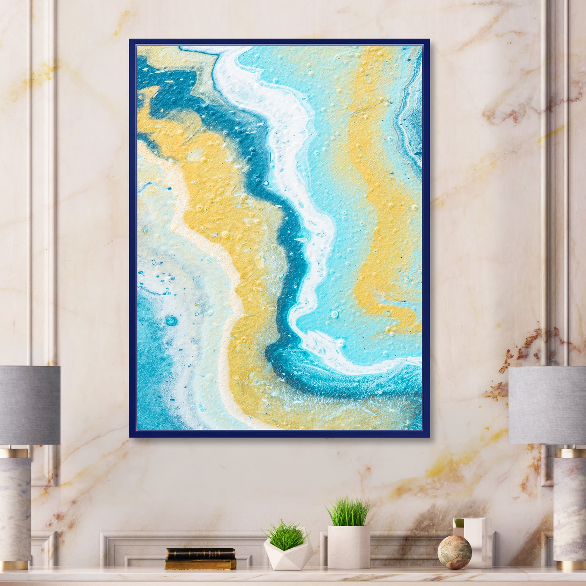 Designart 'Abstract Marble Composition In Blue and Yellow III' Modern Framed Canvas Wall Art Print