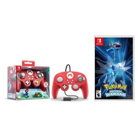 Pokemon Brilliant Diamond and Gamecube Wired Fight Pad Pro Controller for Nintendo Switch Bundle