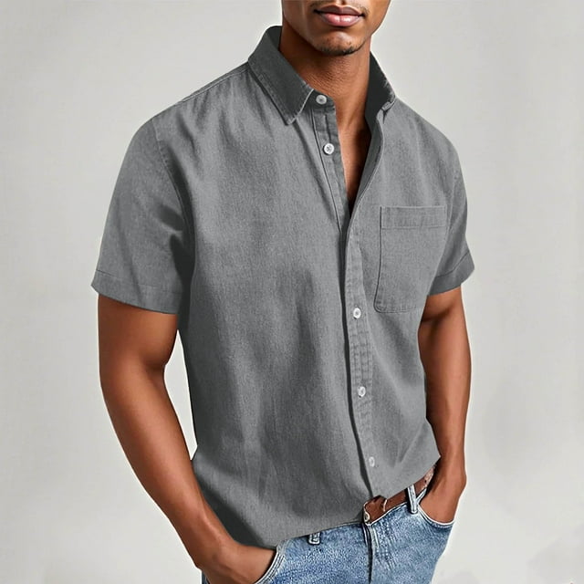 Men's Casual Loose Fit Short Sleeve Button-Down Shirt with Pocket, Turndown Collar, Polyester Blend for Spring and Summer Wear