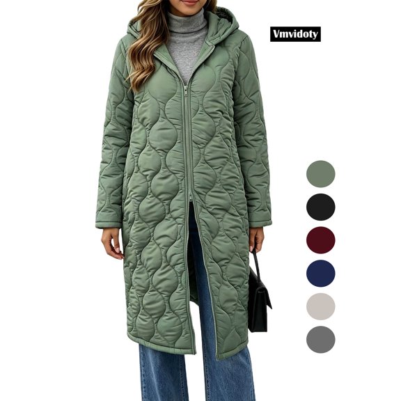 Women's 2026 Winter Lightweight Quilted Puffer Hooded Jacket Overcoat Plus Size Lightweight Quilted Midi Long jackets for Women Army Green 2XL
