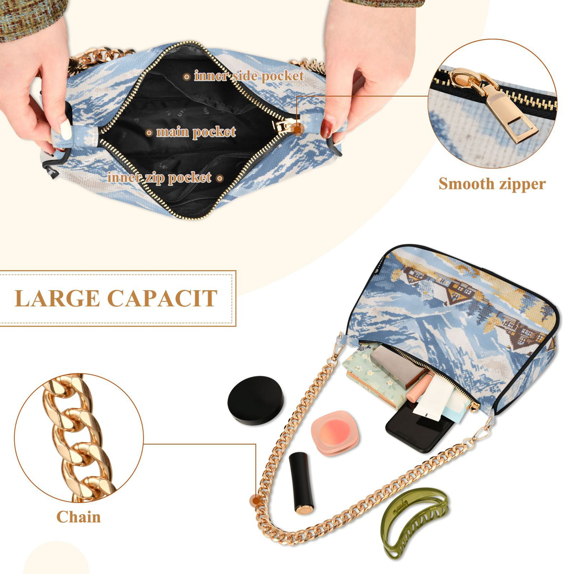 FORMRS Womens Shoulder Bag with Chain Strap Clutch Purse Cute Tote Handbag, Winter Mountain