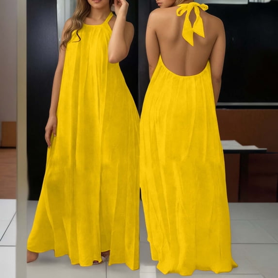 QHFBli Backless Dresses for Women Open Back Halter Maxi Dress Sleeveless Long Lounge Dress Spring Lounge Dresses